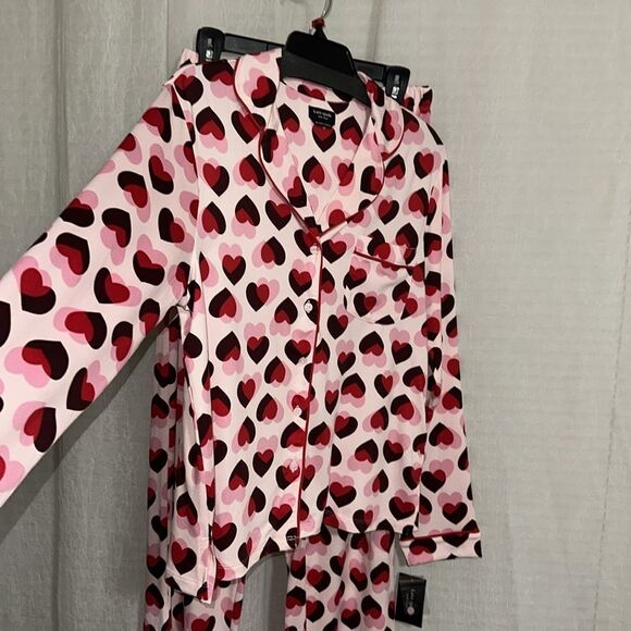 kate spade Pink Red Burgundy Overlapping Hearts Notch Collar Long Sleeve Pant PJ - Picture 4 of 12